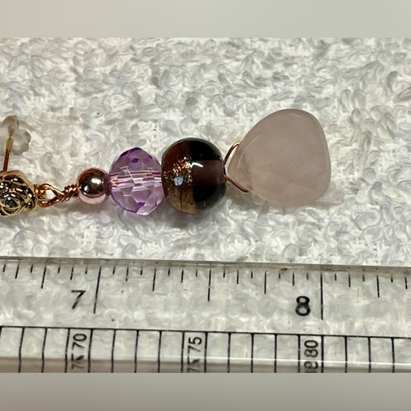 💋🎀genuine Rose quartz and murano glass earrings with roses -NWT - Picture 4 of 6